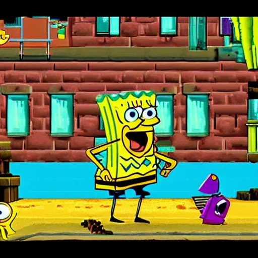 Image similar to Spongebob, ps1, video game, gameplay, retro,