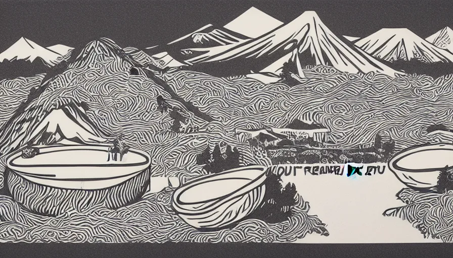 Image similar to award winning graphic design poster, cutouts constructing an contemporary art depicting a colossal ramen bowl in the foreground, rural splendor and a mountain range isolated on white, a single Mount Fuji in the distant horizon, ramen bowl containing bountiful crafts, local foods, in the style of edgy and eccentric abstract cubist realism, items composition confined and isolated on white, mixed media painting by Leslie David and Lisa Frank for juxtapose magazine