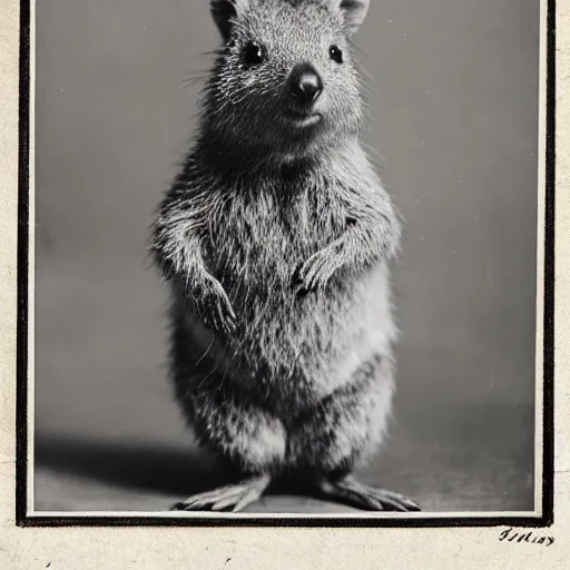 Image similar to a quokka wearing a tuxedo, antique black and white photograph