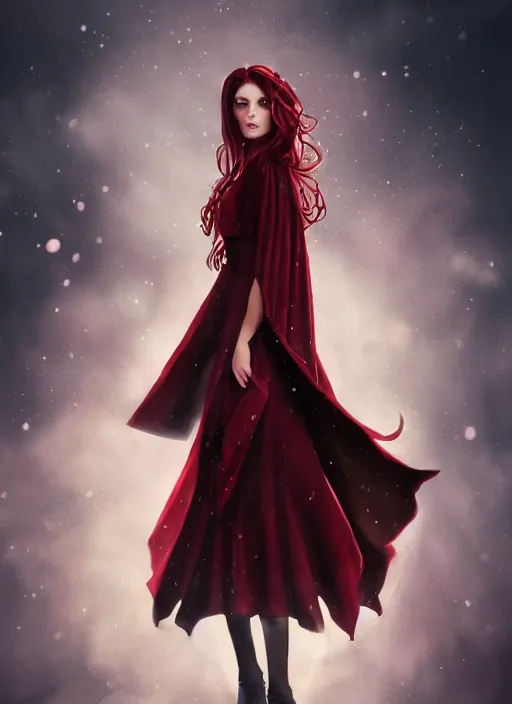 Image similar to a highly detailed illustration of beautiful long dark red haired woman wearing wine red epaulette uniform and coat cape, dramatic floating pose, strings background, intricate, elegant, highly detailed, centered, digital painting, artstation, concept art, smooth, sharp focus, league of legends concept art, wlop