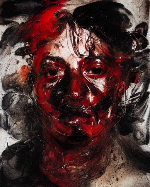 Prompt: black red gilded ink smoke portrait, by Jenny Saville and WLOP, painterly brush strokes, oil on canvas