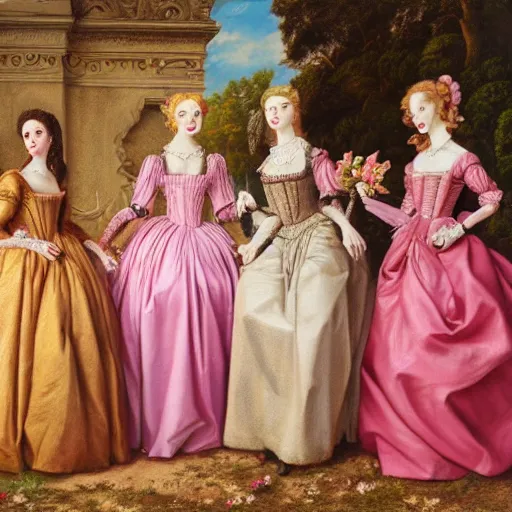 Image similar to group of skinny female artist wearing renaissance dresses, pink and gold flowers in the style of realism, cinematic, high octane render, tonalism, rococo, manga