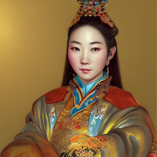 Prompt: 'hyper realism portrait of Chinese princess by Zhong, Fenghua, stunning, detailing, artstation trending, perfect lighting, golden hour'
