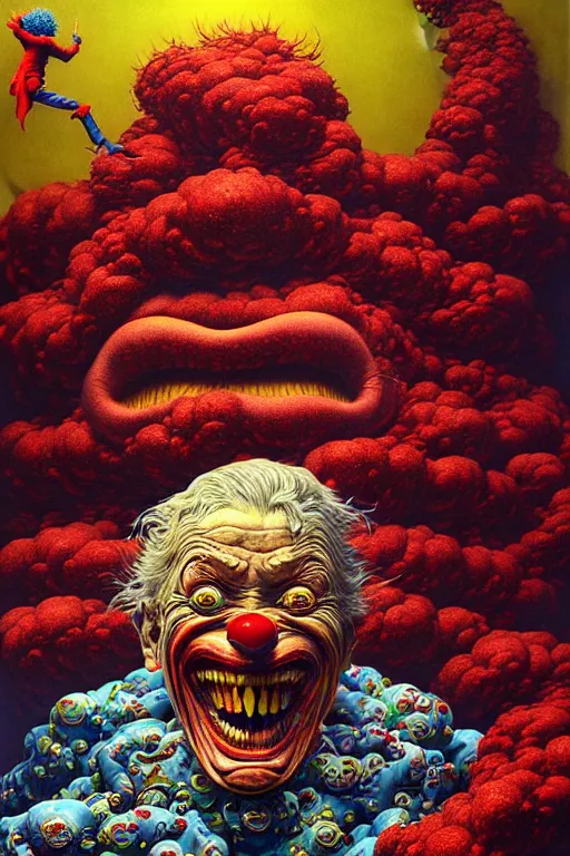 Prompt: a hyperrealistic painting of a evil boss fight against tyrant ronald mcdonald, cinematic horror by chris cunningham, lisa frank, richard corben, highly detailed, vivid color, beksinski painting, part by adrian ghenie and gerhard richter. art by takato yamamoto. masterpiece