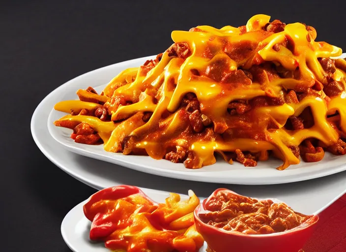 Image similar to qvc tv show product showcase pile of nasty chili cheese fries, chunky fat sales men, studio lighting, limited time offer, call now, extremely detailed, horror, 4 k, hd