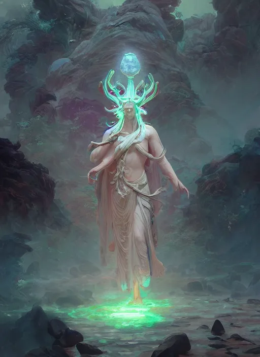 Image similar to Gigantic Stone Deity with a halo made of fluorescent mushrooms and antlers, flowing robes, extremly detailed digital painting, in the style of Fenghua Zhong and Ruan Jia and jeremy lipking and Peter Mohrbacher, mystical colors, rim light, beautiful lighting, 8k, stunning scene, raytracing, octane, trending on artstation