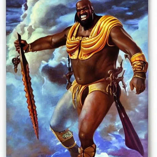 Prompt: Shaquille O'Neal as a fantasy barbarian painted by Boris Vallejo.