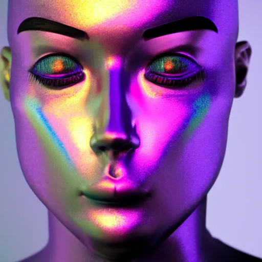 Image similar to 3d render of holographic human robotic head made of glossy iridescent, surrealistic 3d illustration of a human face non-binary, non binary model, 3d model human, cryengine, made of holographic texture, holographic material, holographic rainbow, concept of cyborg and artificial intelligence