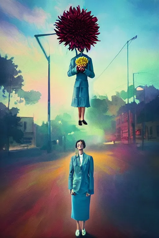 Image similar to closeup giant dahlia flower head, girl in a suit on a street, surreal photography, blue sky, sunrise, dramatic light, impressionist painting, digital painting, artstation, simon stalenhag