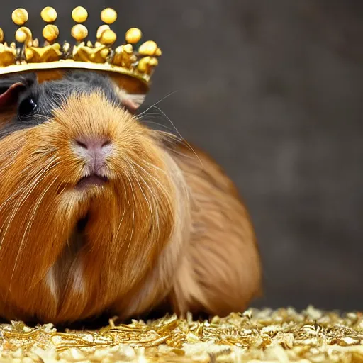 Prompt: A guinea pig with a golden crown with smaller guinea pigs bowing