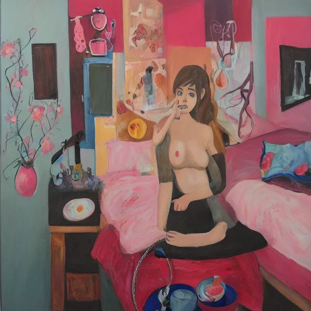 Image similar to a self - portrait in a female artist's bedroom, depressed emo girl eating pancakes, berries, surgical supplies, handmade pottery, flowers, sensual, octopus, neo - expressionism, surrealism, acrylic and spray paint and oilstick on canvas