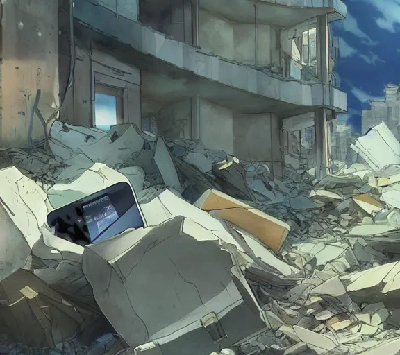 Image similar to an iPhone smartphone in the rubble, ruins. Anime, Makoto Shinkai