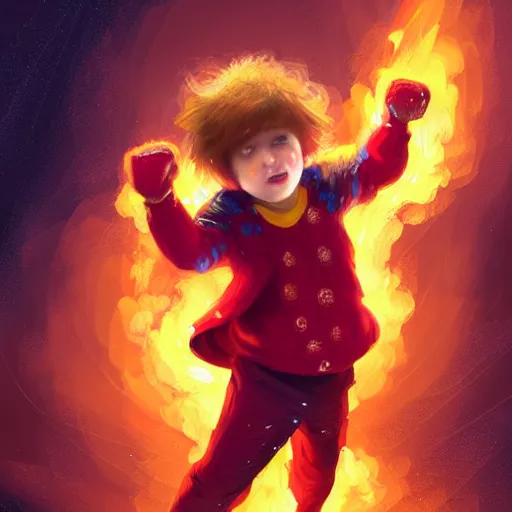 Image similar to colorful and festive captivating young child boy, brown fluffy hair, wearing red and yellow hero suit, shooting a fire ball out of his fist. full body, rich vivid colors, ambient lighting, dynamic lighting, 4 k, atmospheric lighting, painted, intricate, highly detailed by charlie bowater