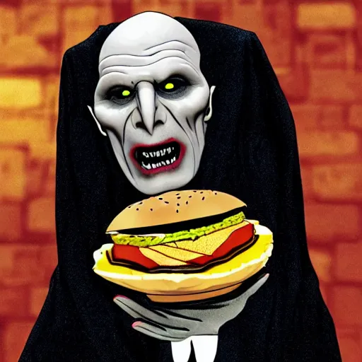 Image similar to Lord Voldemort eating a cheeseburger, photo realistic, award-winning, highly-detailed, epic, cinematic, dramatic