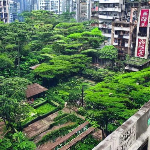 Prompt: kowloon walled city overran by lush verdant vegetation, relaxed solarpunk IRL, panoramic view from the 5th floor housing unit balcony, DSLR photo