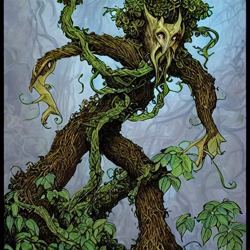 Image similar to anthropomorphic tangle of vines and plant matter. this fantasy creature guards the woods from unwary travelers. similar to a treant or forest spirit. By rebecca guay, by terese nielsen, by aaron miller, by kieran yanner. trending on artstation. 4k resolution.