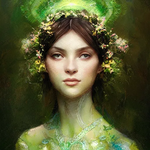 Prompt: Goddess of Spring, green-eyes, gorgeous portrait, intricate, elegant, volumetric lighting, scenery, digital painting, highly detailed, artstation, sharp focus, illustration, concept art, ruan jia, steve mccurry