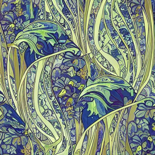 Image similar to a seamless pattern, a pattern of irises and calla lilies, repeating art, symmetry, aligned edges, art by alphonse mucha, art by sherree valentine daines