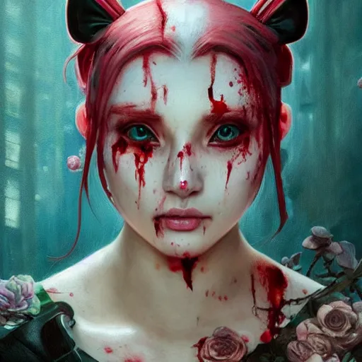 Image similar to portrait painting of a bloodied hello kitty serial killer, ultra realistic, concept art, intricate details, eerie, highly detailed, photorealistic, octane render, 8 k, unreal engine. art by artgerm and greg rutkowski and alphonse mucha