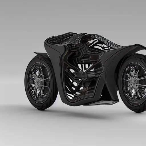 Prompt: futuristic motorbike with a generative design exoskeleton frame, dark plastic, reflective, octane render, fusion360