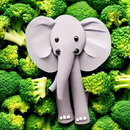 Image similar to an elephant created out of pieces of broccoli