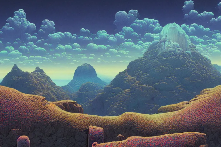 Image similar to beautiful rendered in zbrush ancient painting of a beatiful scenic mountain range surrounded by holographic Myrtle squares, retro tech, vaporwave, by Jean Giraud and Zdzisław Beksiński and Chesley Bonestell and James Gurney, Mc Escher,