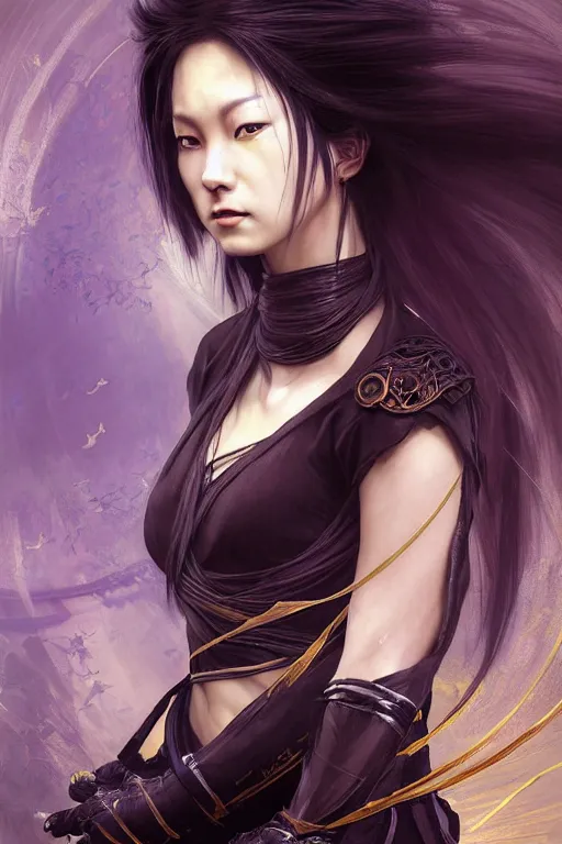 Image similar to beautiful female Ninja and mystery and gorgerous and black magic and stunning portrait+shiny eyes+light flowing hair, in mudra night ruin tokyo temple, ultradetail face, art and illustration by tian zi and craig mullins and WLOP and alphonse mucha, rim lght, fantasy, intricate complexity, human structure, fantasy world concept, watermark, blurry, hyperrealism 8k