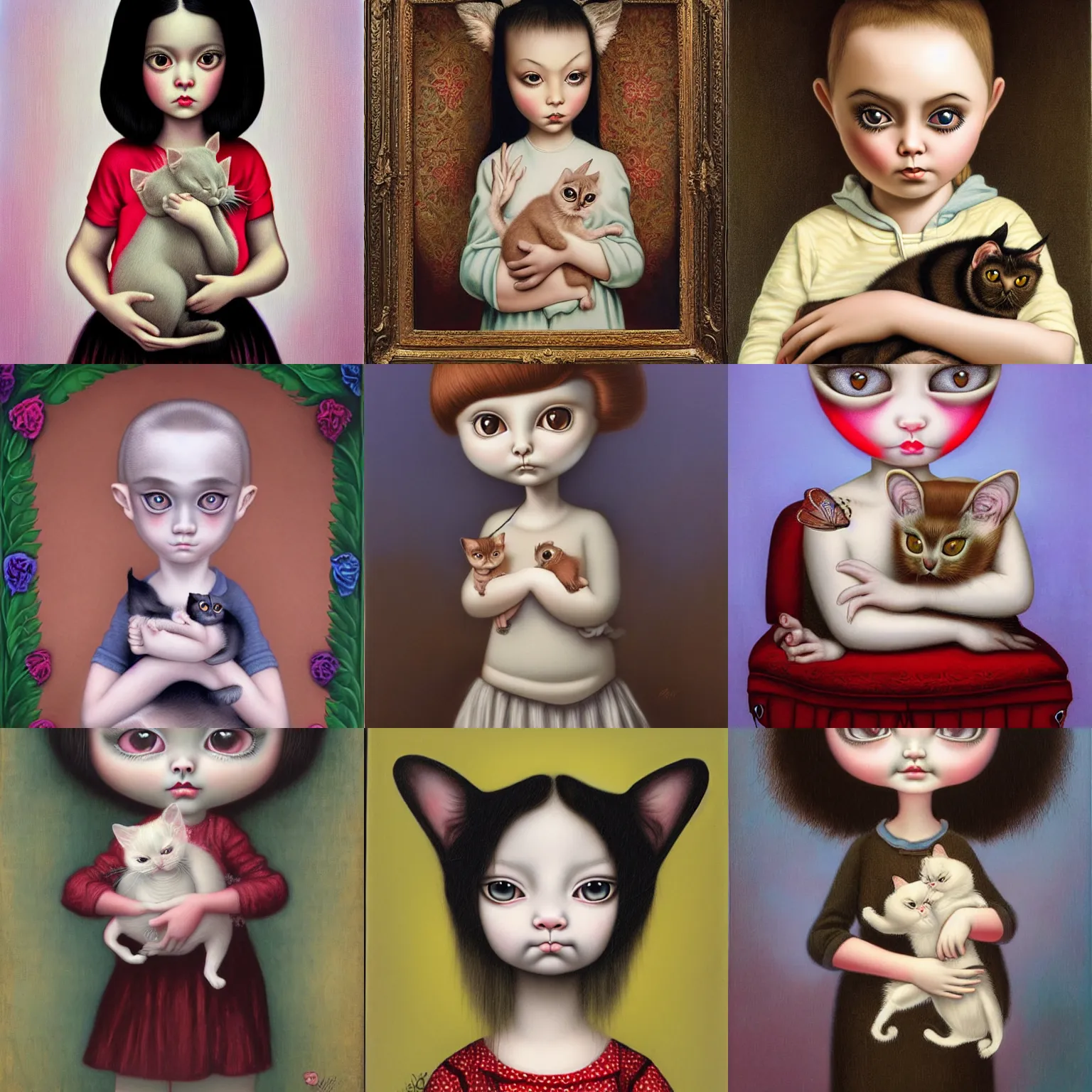 Prompt: child holding a Siamese cat by Mark Ryden