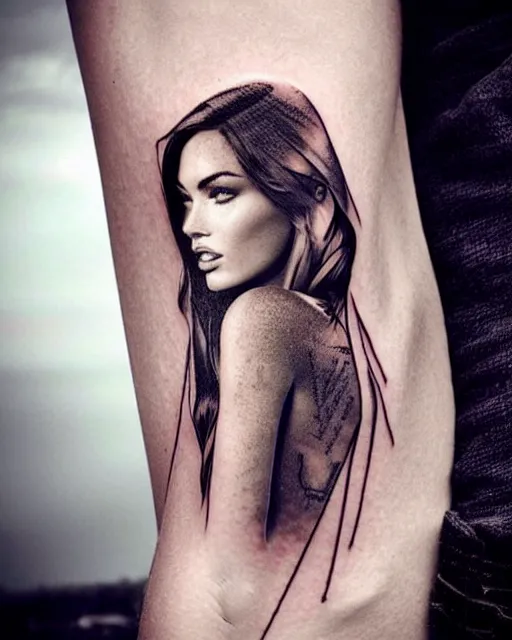 Image similar to double exposure effect tattoo design sketch of megan fox with beautiful mountains, realism tattoo, in the style of andrey lukovnikov, amazing detail, sharp