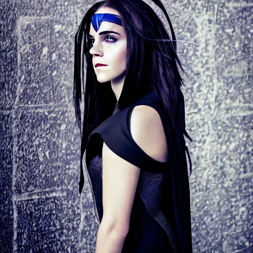 Image similar to Emma Watson modeling as Raven from X-men from Zelda, (EOS 5DS R, ISO100, f/8, 1/125, 84mm, postprocessed, crisp face, facial features)