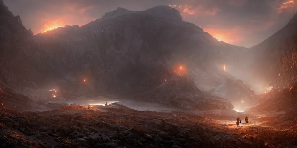 Image similar to an ultra realistic, cinematic, fantasy landscape, with a deserted coal mine entrance into the mountain, detailed, deep focus, movie still, dramatic lighting, ray tracing, by wlop and ross tran