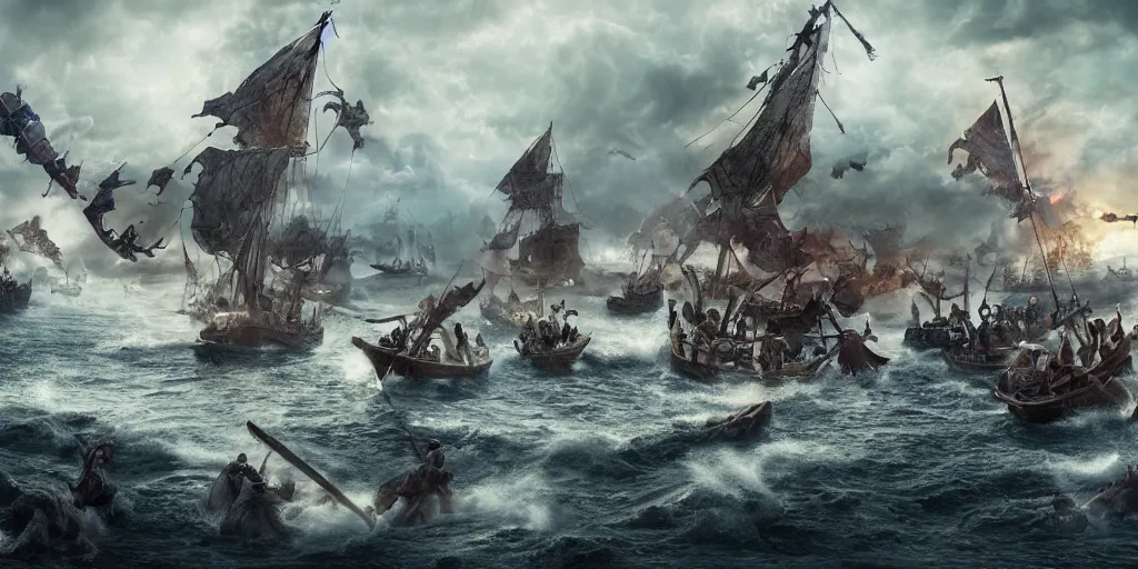 Image similar to An Epic viking sea battle, realistic 4k octane beautifully detailed render, 4k post-processing, highly detailed, intricate complexity, epic composition, magical atmosphere, cinematic lighting, masterpiece, ultra hd