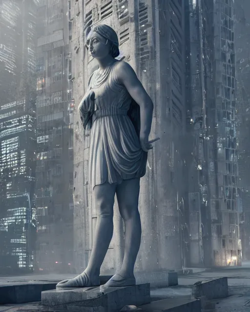 Image similar to a weeping angel statue in a cyberpunk dystopian city, aesthetic octane render, 8 k hyperrealistic, futuristic