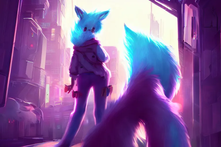 Image similar to a fox fursona with a fluffy tail in a cyberpunk city, trending on artstation, by kawacy, neon backlighting, furry art