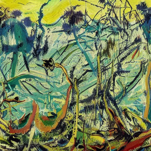 Prompt: painting of a lush natural scene on an alien planet by jackson pollock. beautiful landscape. weird vegetation. cliffs and water.