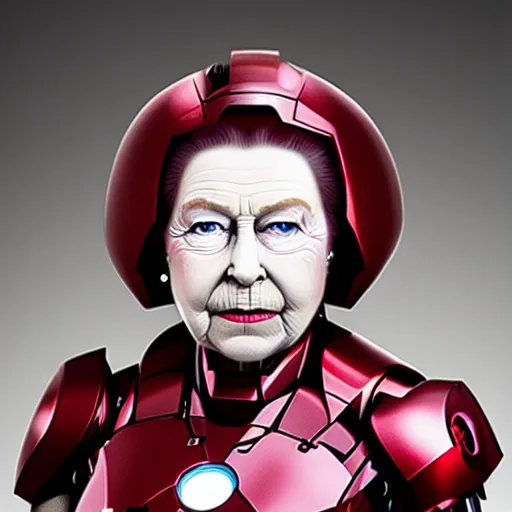 Image similar to queen elizabeth as iron man, photorealistic, unreal engine render
