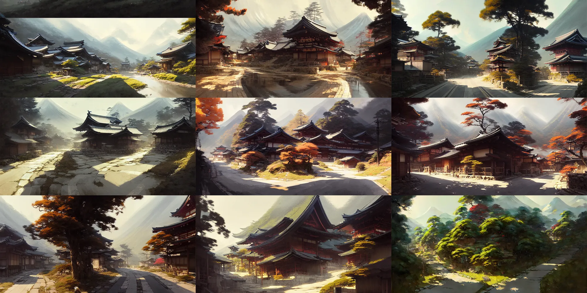 Prompt: japanese mountain countryside town road landscape, illustration, highly detailed, digital painting, concept art, matte, art by ruan jia and wlop and greg rutkowski, masterpiece