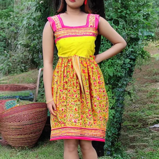 Prompt: beautiful summer assamese mekehela bihu style floral dress, flirtatious, boho - chic, sleeveless, elegant, short skirt length, slimmer demeanor, plethora of colors ; mini dress