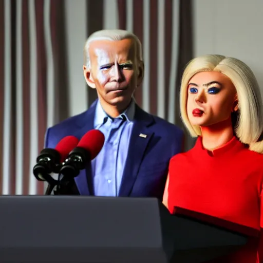 Image similar to alien, gray alien, wearing a blond wig and a red dress and ((Joe Biden)) at a press conference, photograph, highly detailed, 4K