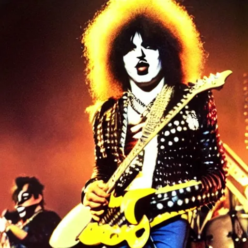 Image similar to jimi hendrix as a member of the band kiss in concert, color photo