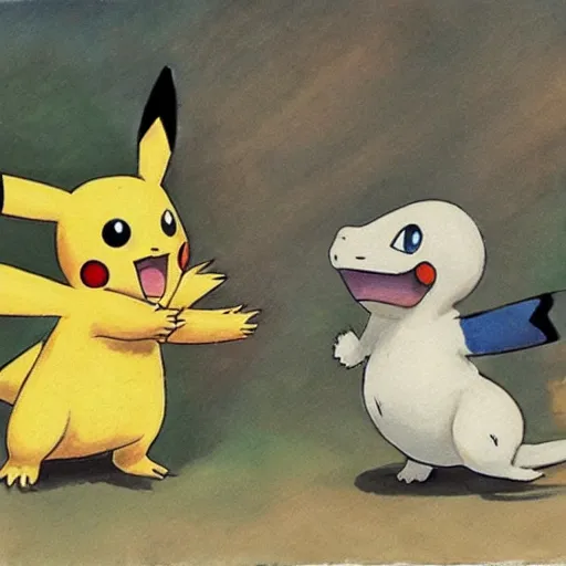 Prompt: two pokemon fighting, traditional art, 1800, painting