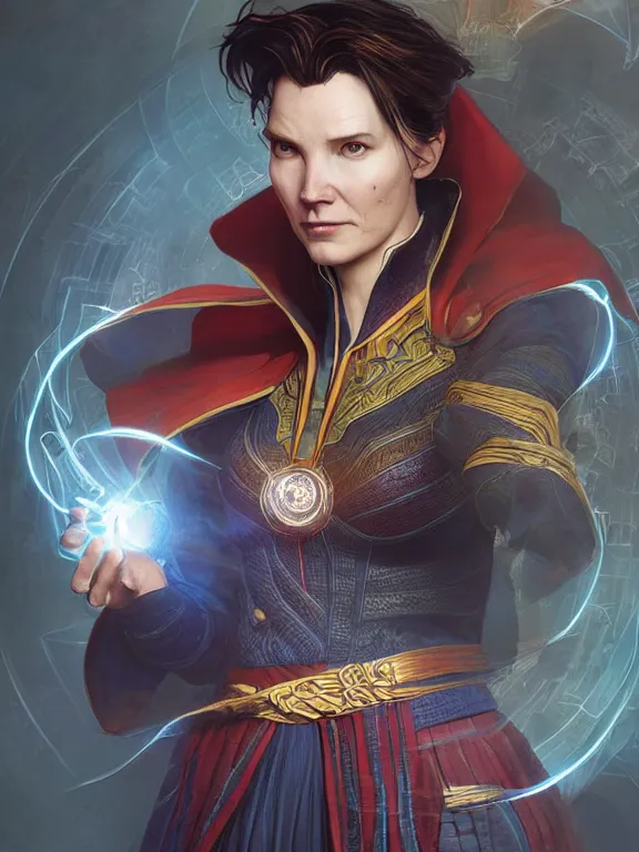 Image similar to female doctor strange, au naturel, hyper detailed, digital art, trending in artstation, cinematic lighting, studio quality, smooth render, unreal engine 5 rendered, octane rendered, art style by klimt and nixeu and ian sprigger and wlop and krenz cushart