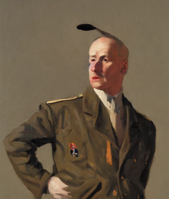 Prompt: a very detailed portrait of a man, wearing a colorful military jacket, frontal view, in the style of edward hopper and oswald hornby joseph birley, very small brushstrokes, 4 k,