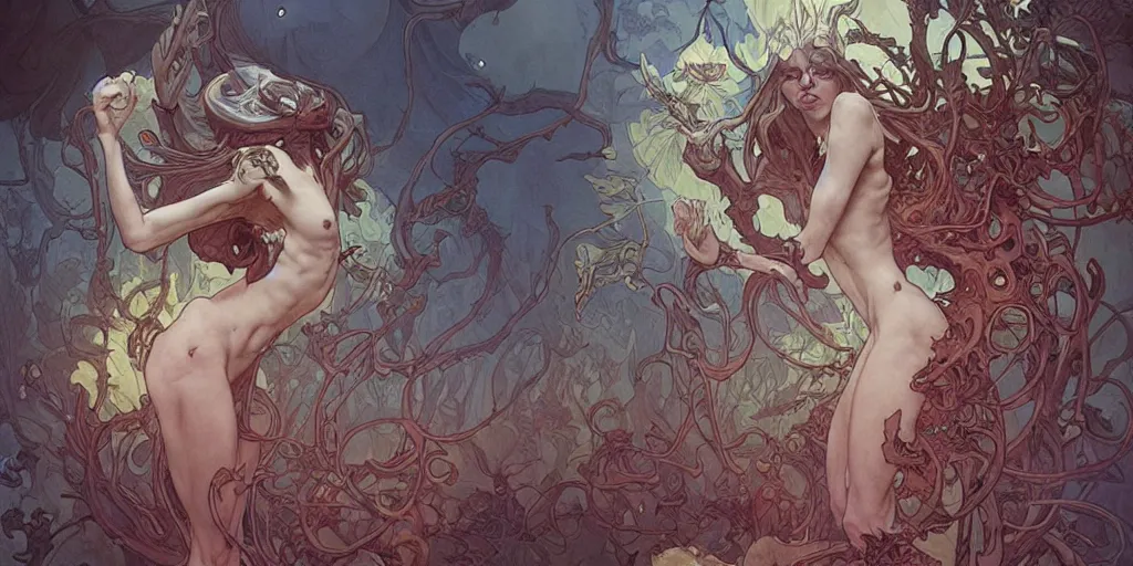 Image similar to epic concept illustration of a fungus demon god, by james jean, by artgerm and greg rutkowski and alphonse mucha. uhd, amazing depth, cinematic lighting, glossy wet levitating floating fungus god with arms outstretched.
