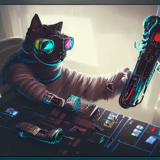 Image similar to a cyberpunk cyborg cat, trending on art station