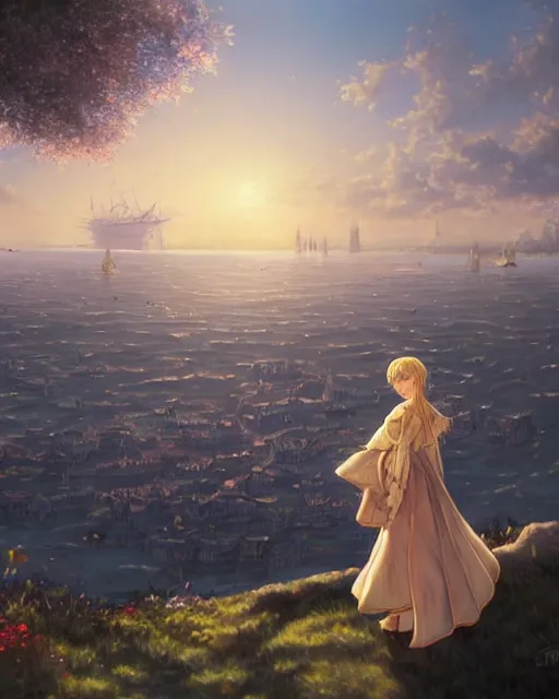 Image similar to over the shoulder landscape painting of violet evergarden, behind her is a distant old european city leiden from violet evergarden next to the reflecting ocean, ocean, sunshine, by sakimi chan and Artgerm , WLOP, Rossdraws, fantasy, intricate, elegant, highly detailed, digital painting, trending on artstation, blender, unreal engine 5, octane render, smooth, sharp focus, illustration