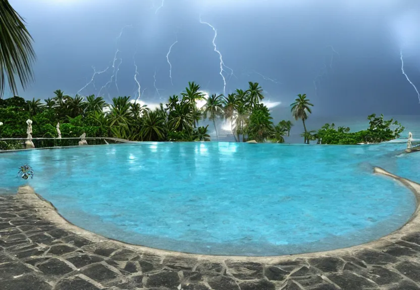 Prompt: Palace of the chalice, refracted sparkles, motion blur, accidental pic, thunderstorm, greek pool, beach and Tropical vegetation on the background major arcana sky, 2005 blog, dslr camera IMG_4016