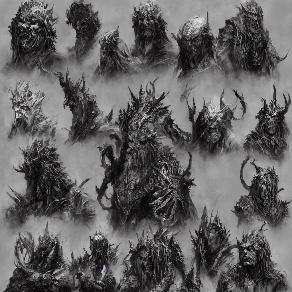 Image similar to feral chieftain charector concept sheet, beksinski, ruan jia, the hobbit orc concept, dark soul concept