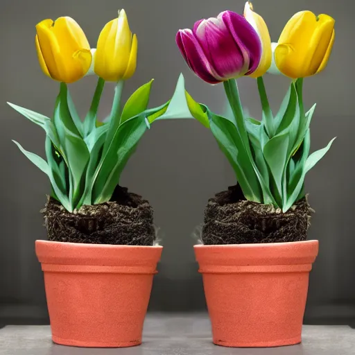 Prompt: tuca and bertie style plant pots with tulips inside the pot