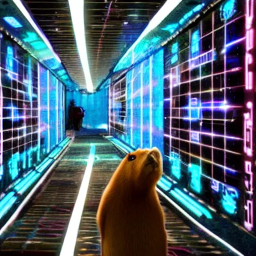 Prompt: a capybara in a spaceship hallway filled with glowing screens